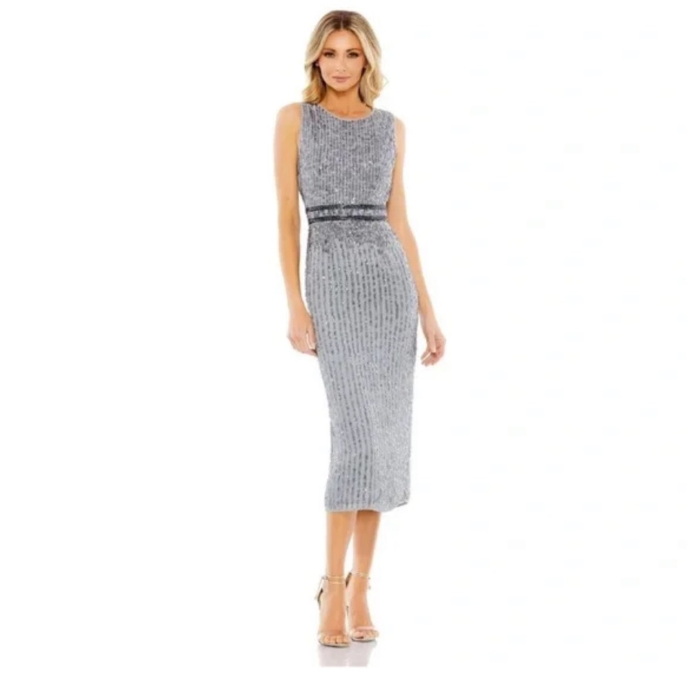 New Mac Duggal 10509 Sleeveless High Neck Beaded Midi Sheath Dress Platinum Sz 8